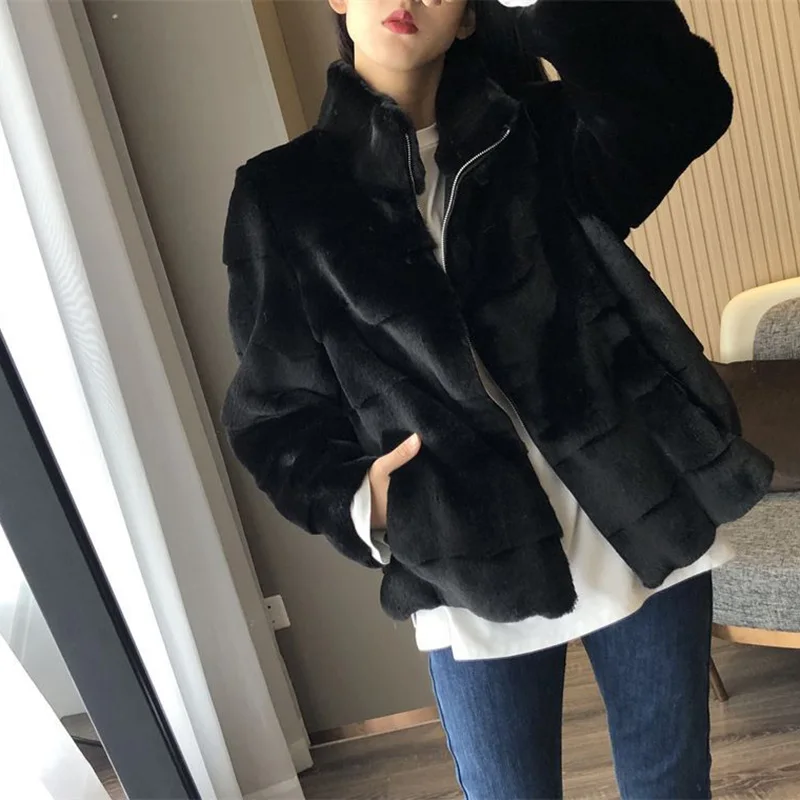 Rimocy Autumn Winter New Stand Collar Faux Fur Jeacket Women 2024 Fsahion Long Sleeve Plush Coat Woman Zipper Warm Coats Ladies