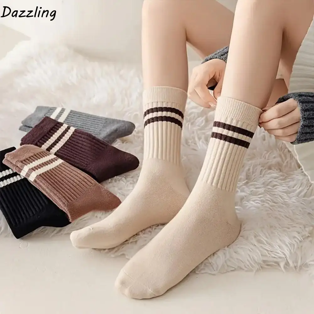 

5paris Simple Soft Stripe Socks Elastic Breathable Cotton Socks Comfortable Sweat-Absorbing Calf Socks Sports