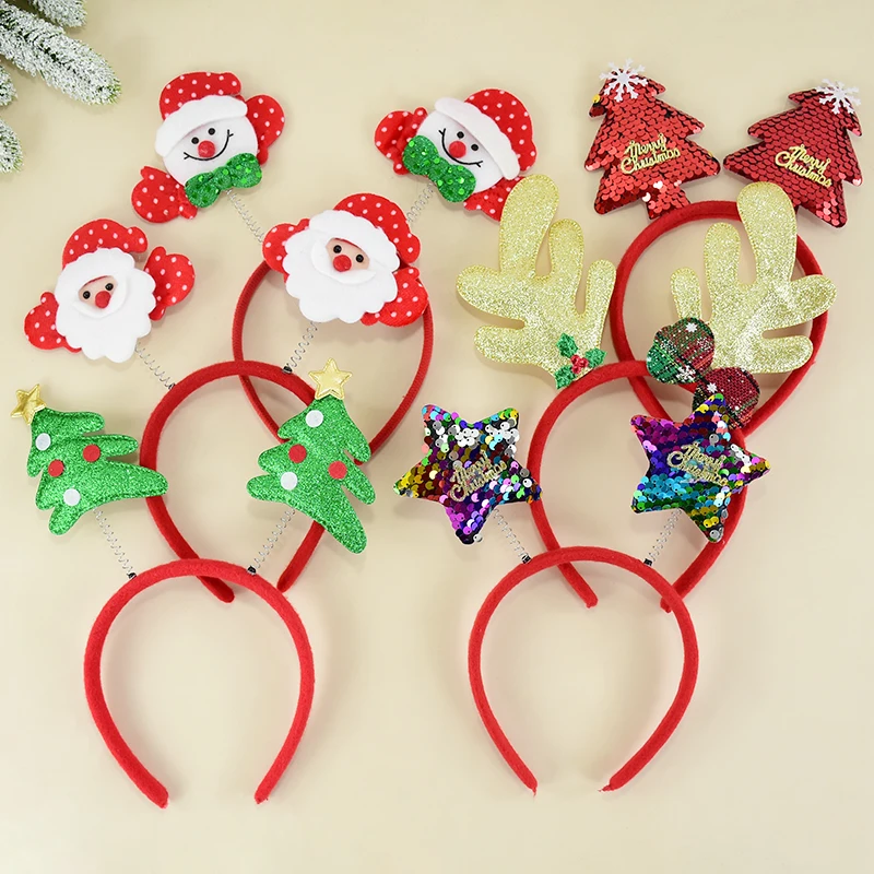 

Christmas Headband Sequins Antler Hairband Xmas Tree EIK Snowman Hair Hoop Christmas New Year 2025 Navidad Party Decor Kids Gift