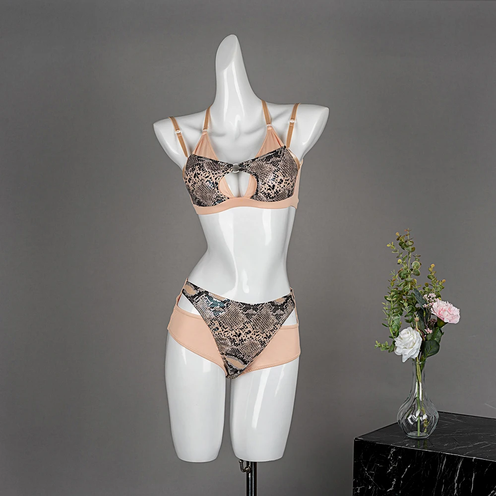 Hope&Win Women\'s Pole Dance Clothing Asymmetrical Crop Top With High-Waist Bottom Beige Snake Match Colors Sexy Erotic Clubwear