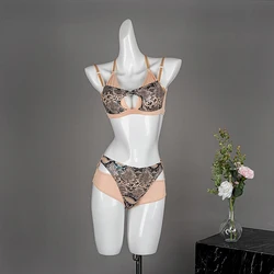 Hope&Win Women's Pole Dance Clothing Asymmetrical Crop Top With High-Waist Bottom Beige Snake Match Colors Sexy Erotic Clubwear