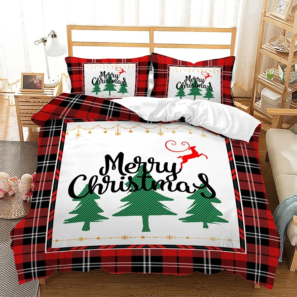 Merry Christmas Tree Duvet Cover Navidad Plaid Twin King Festival Santa Deer Bedding Set Polyester Quilt For Adults Home Decor