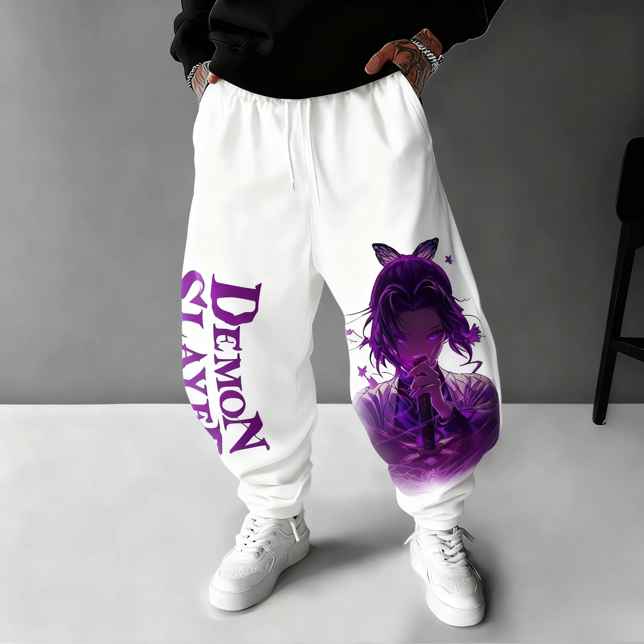 Calças de algodão demon slayer 2025 outono/inverno nova coleção kochou shinobu anime impresso masculino solto casual moda perna collants