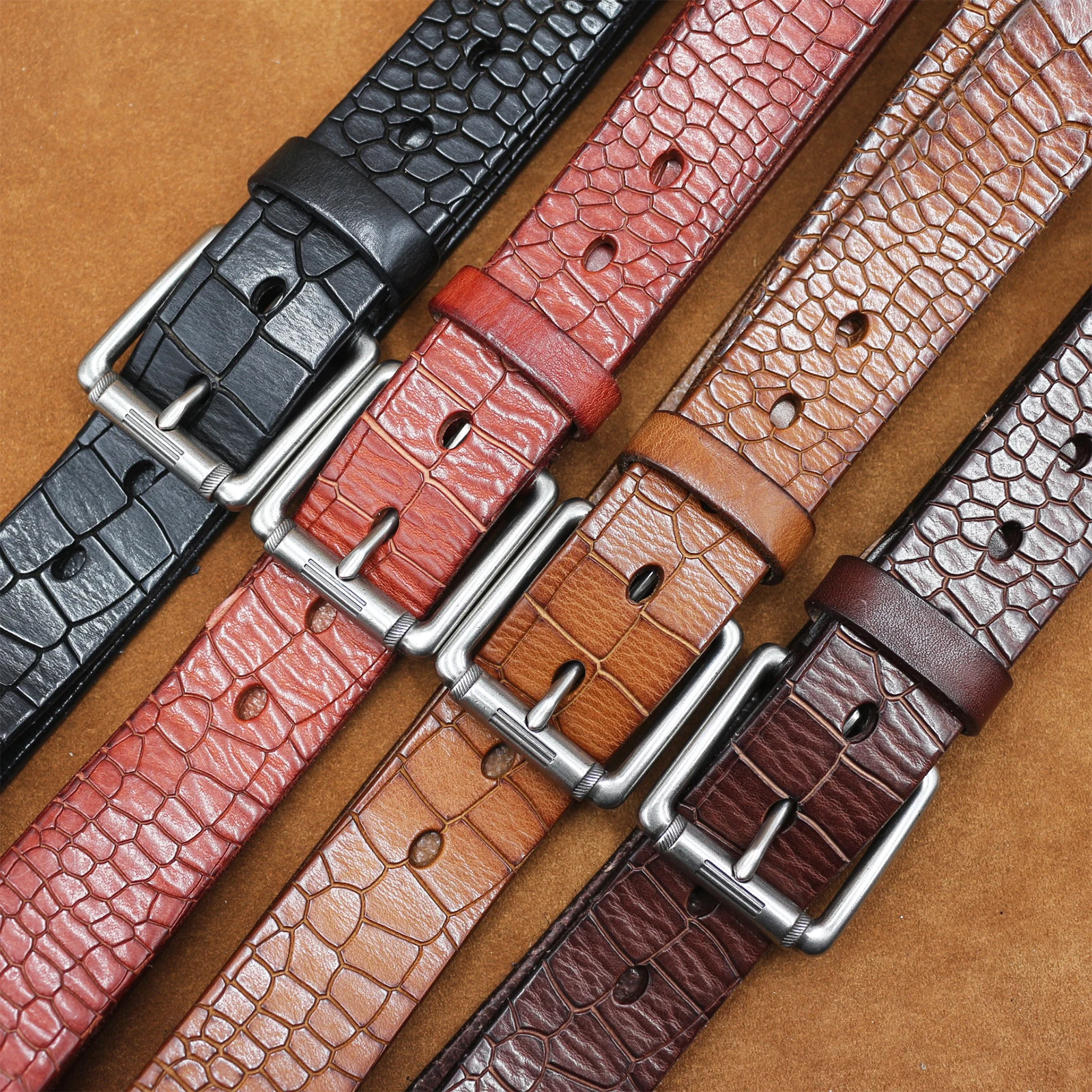 

Оригинальный мужской ремень ручной работы из натуральной кожи с толстым крокодиловым узором, состаренный, для джинсов, в стиле Y2K панк