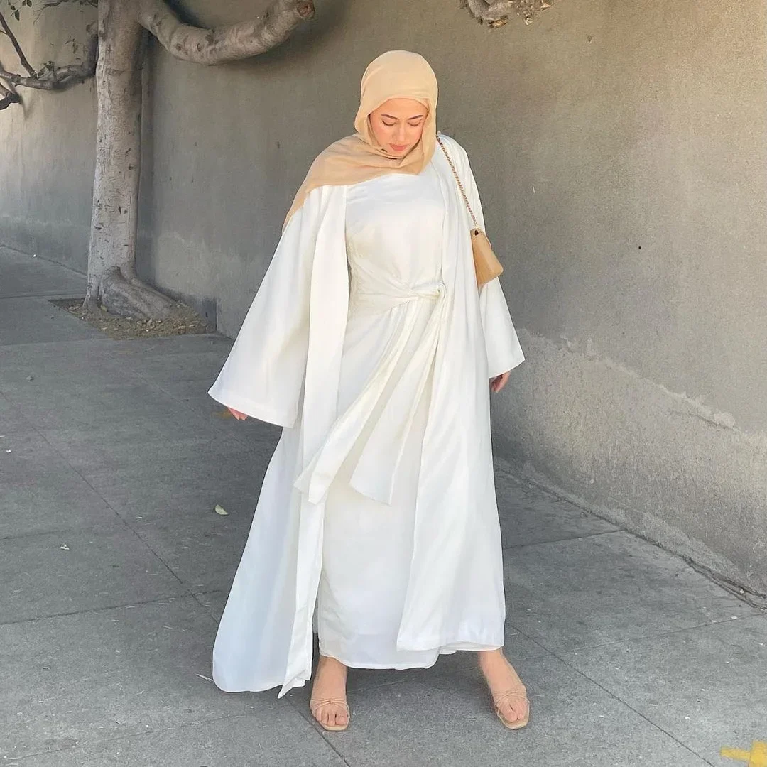 Ramadan 3 pezzi di raso bianco Abaya Set Hijab abito musulmano donna caftano abiti da sera Dubai turchia modesto Set di abbigliamento islamico