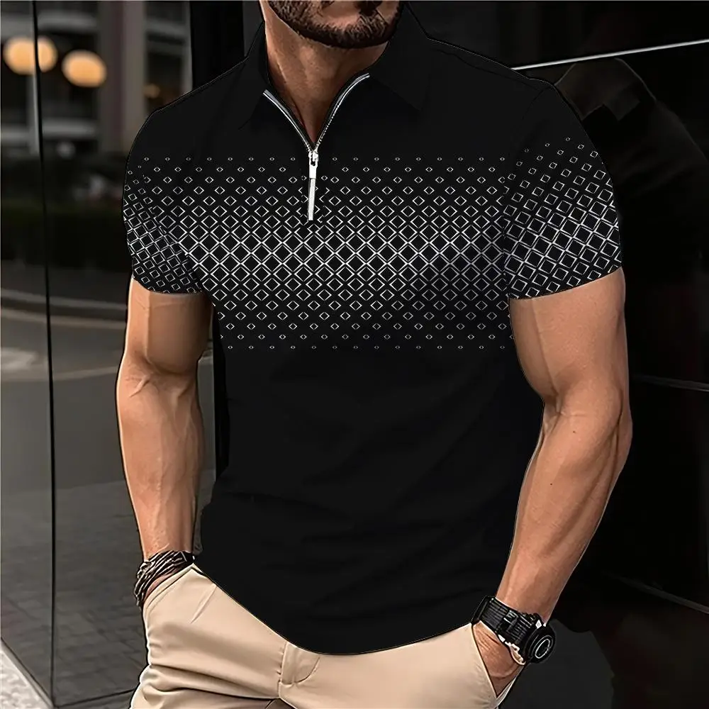 Zipper Men\'s Polo Short Sleeved Casual Men\'s Clothing Micro Elastic Breakable Zipper Polo Men Fashion Top Daily Shirt