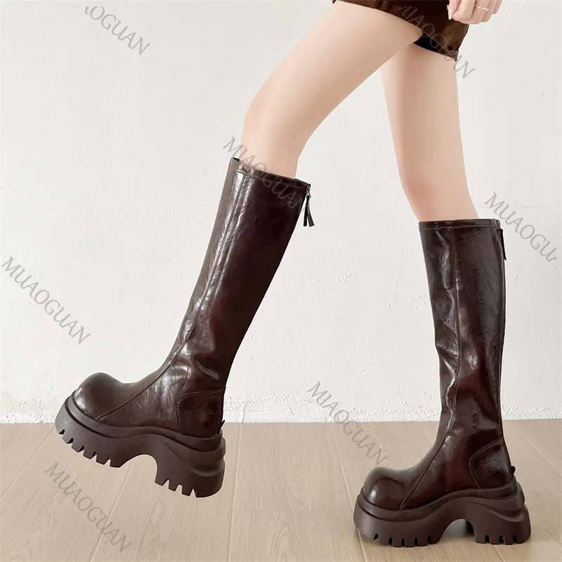 Women's Knee-High Leather Boots, Round Toe, Thick Sole And Heel, Riding Style, Black And Brown_voghion.com