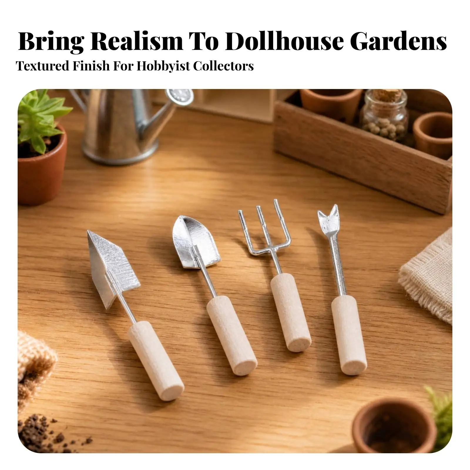Mini Rotary Garden Tool Play Set Plastic Wood Style for Tiny Planting Displays Craft Projects Dollhouse Garden Accessory