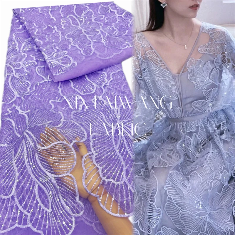 Handmade DIY Dress Fabrics Lace with Sequins 2025 Net Lace Fabric Sewing Embroidered Lace Tulle Nigerian Women Wedding Dress