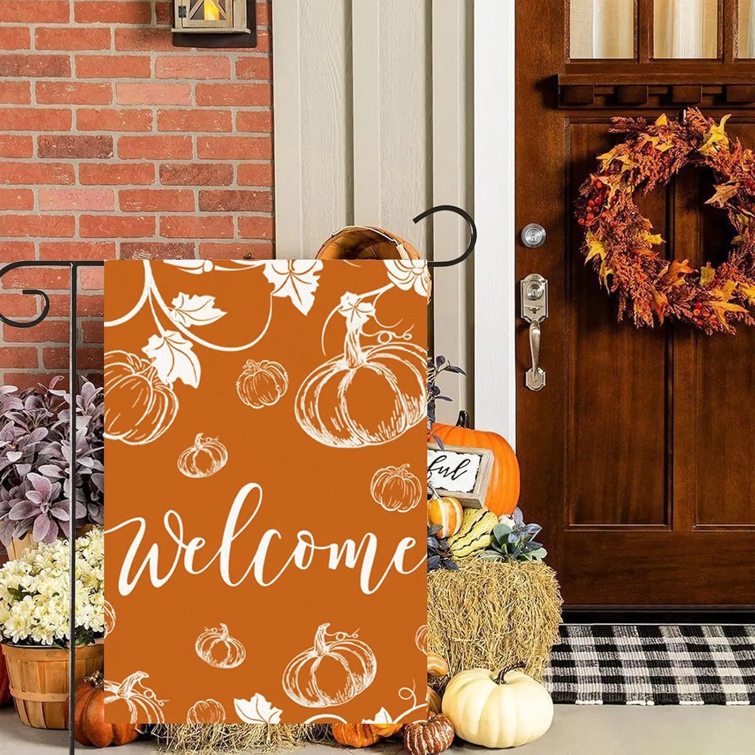 HOMFREEST Fall Welcome Garden Flag 12x18 Inch Double Sided Burlap for Outside Pumpkin Autumn Seasonal Thanksgiving Orange Sm UUN
