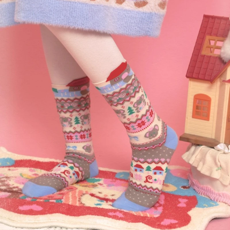 

Original Design Blue Brown Animal Print Women's Mid-Calf Hosiery Autumn Winter Versatile Warm Cotton Socks Two Pairs Set Ladies