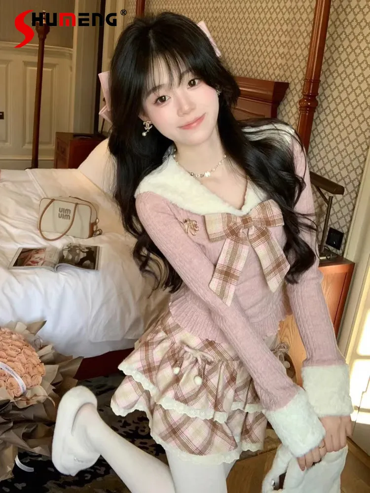 

Japanese and Korean Sweet Fashion Y2k Skirt Set Spring and Autumn Women's Girl's Slim Fit Sweater Cake Skirt 2-Piece Set 2025