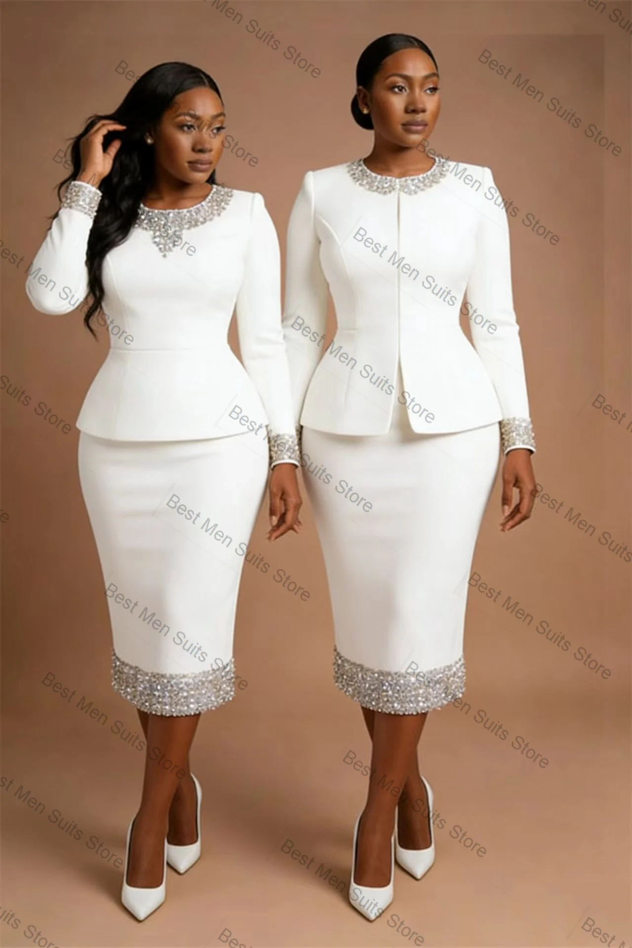 

White Women Suit Skirt Set 2 Pcs Blazer+Prom Dress Crystals Cotton Formal Office Jacket Customized Wedding Tuxedo Guest Coat