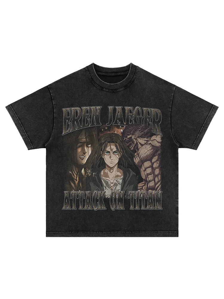 

Attack Giant Anime Printed T-Shirt Men's Washed Old Short Sleeve American Vintage High Street Cotton Half Sleeve Top