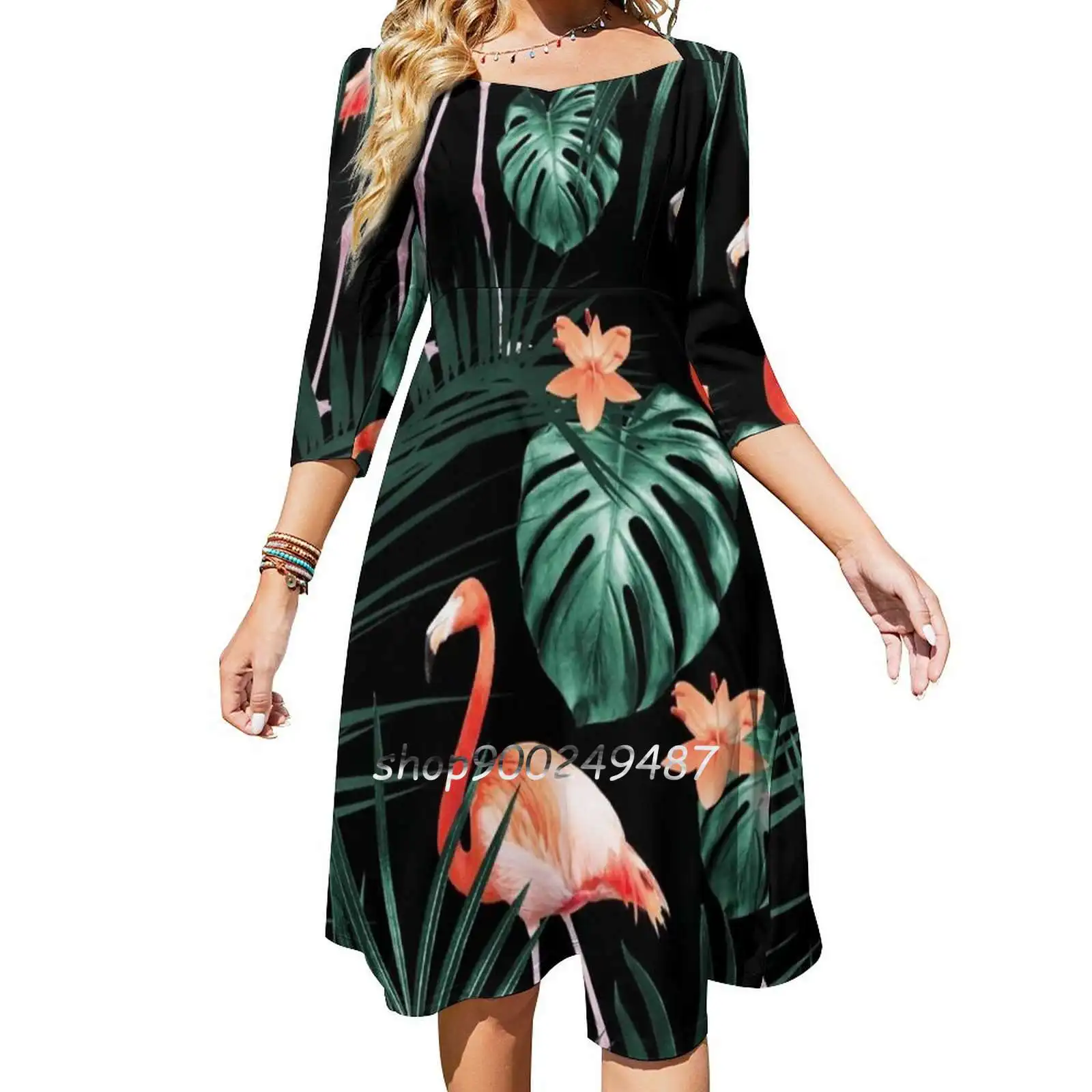 Tropical Flamingo Floral Night Pattern #1 #Tropical #Decor Women Casual High Waist Mini Dress Short and Long Sleeve Dresses