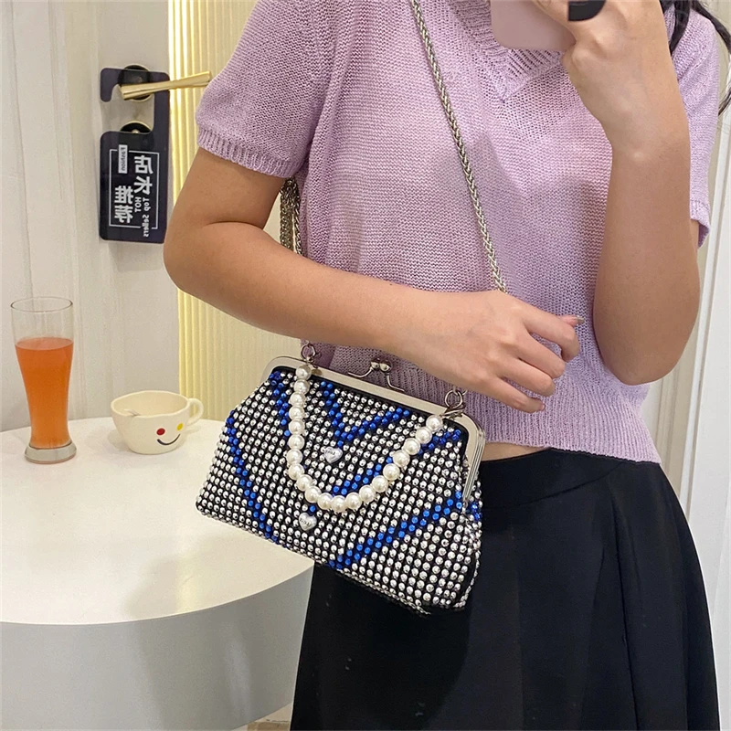 

2024 Fashion Women's Rhinestone Party Clutch Handbag with Top Handle Sparkly Diamond Evening Wedding Purse Pearl Shoulder Bags