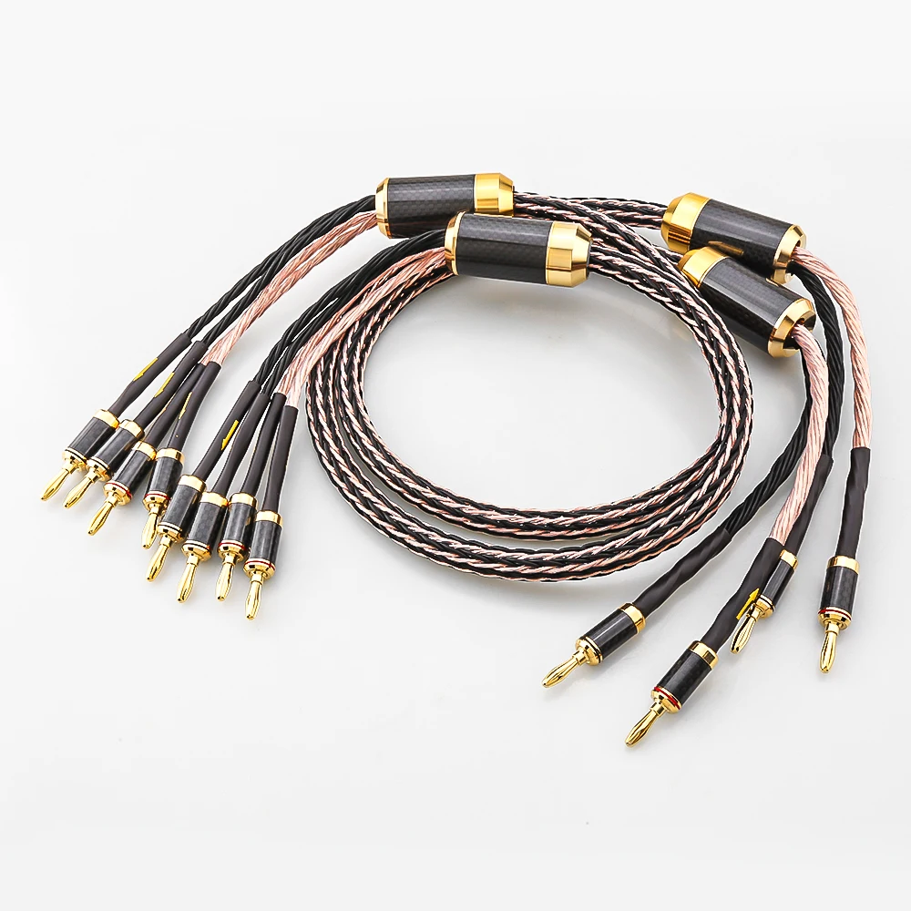 Hifi Bi Wiring Speaker Cable Hi-end 24 strand 7N OCC Audio Cables Speaker Wire With Carbon Fiber 2 to 2/4 Banana Plug