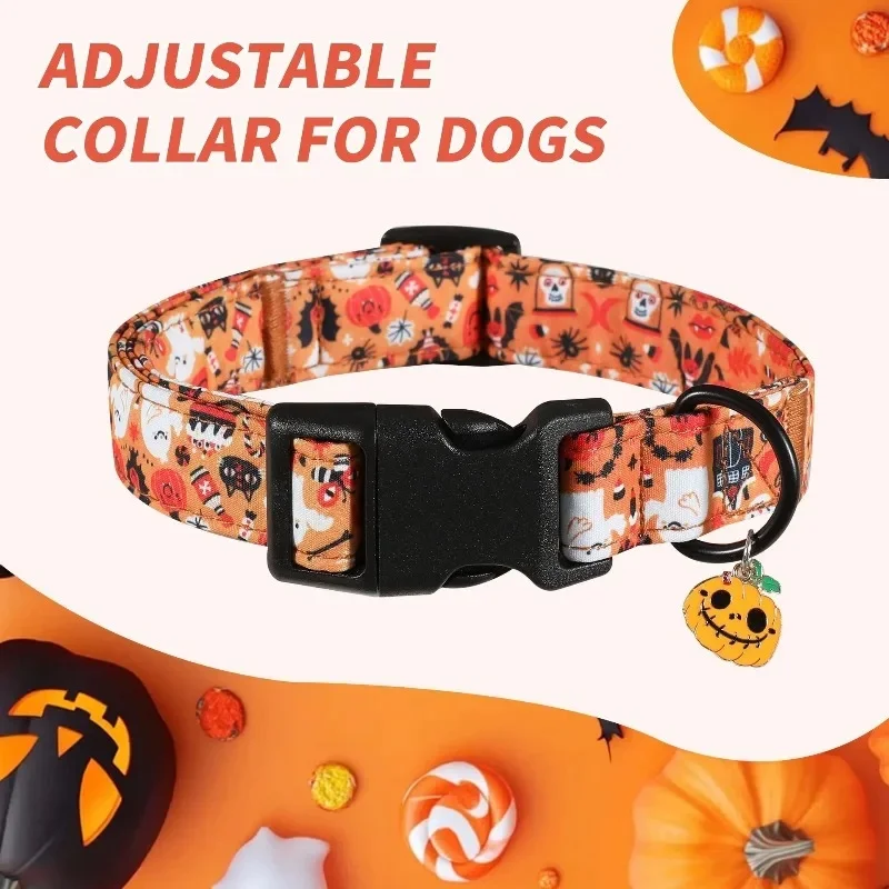 Halloween Dog Collar Adjustable Pet Necklace with Pumpkin Charm for Small Medium Large Dogs Cats