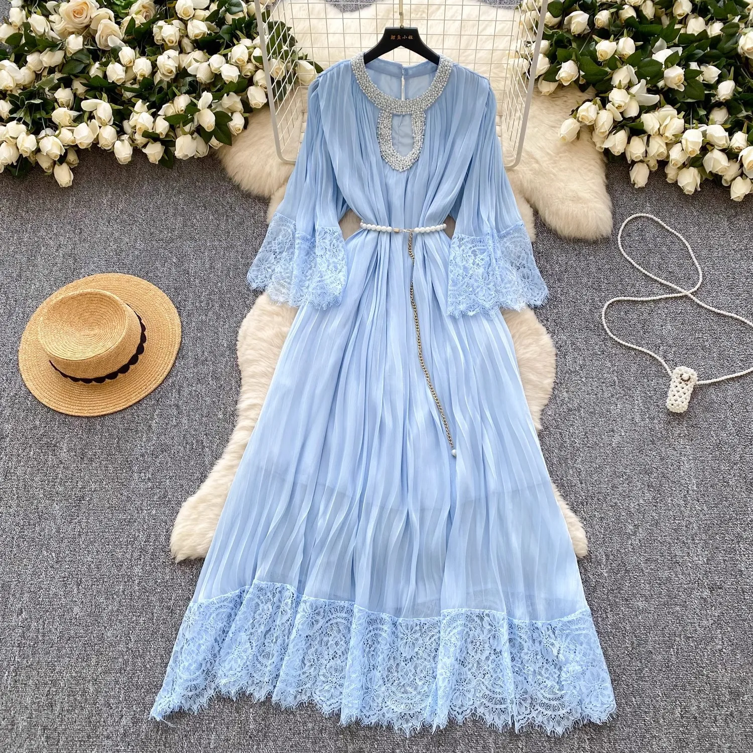 Sukienka damska z luźnym krojem, zdobiona koralikami, koronką i patchworkiem, elegancka, z dekoltem typu O, w stylu vintage, odzież uliczna, na wakacje, imprezę, sukienki bodycon.