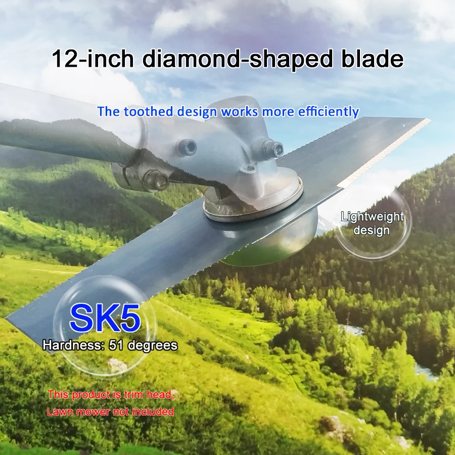 Blue Diamond-Shaped Brush Cutter Blade with Teeth, Includes 2 Accessories, Mounting Holes 1 Inch/2.54 Cm, Easy to Install, Double