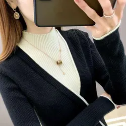 2022 Fleece Thick Pullovers Sweaters Half High Collar Autumn Winter New Jumpers Fake Two Pieces Spliced Contrasting Colors Slim