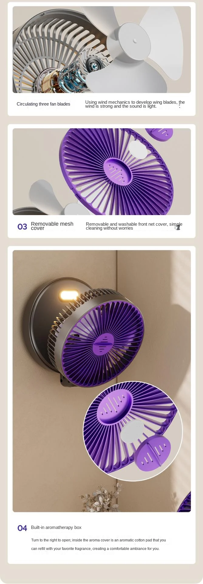 5000 mAh faltbarer, im Dunkeln leuchtender Ventilator zur Wandmontage, tragbarer, leiser Hochgeschwindigkeits-Luftzirkulationsventilator für Studenten, Büro-Schreibtischventilator – Detail 11