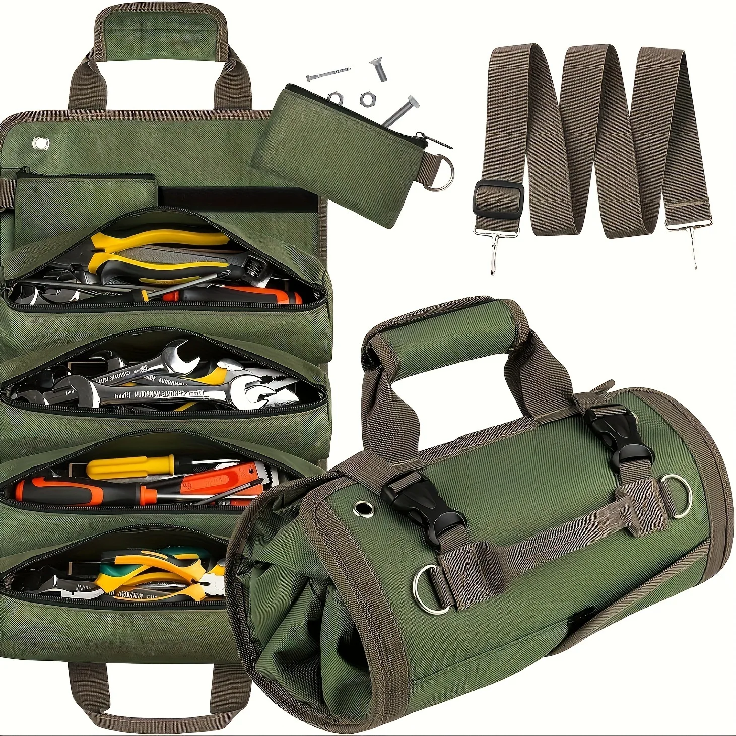 600D Oxford Roll Up Tool Bag Waterproof Anti-Scratch Multi Pocket Mechanic Storage Organizer with Shoulder Strap