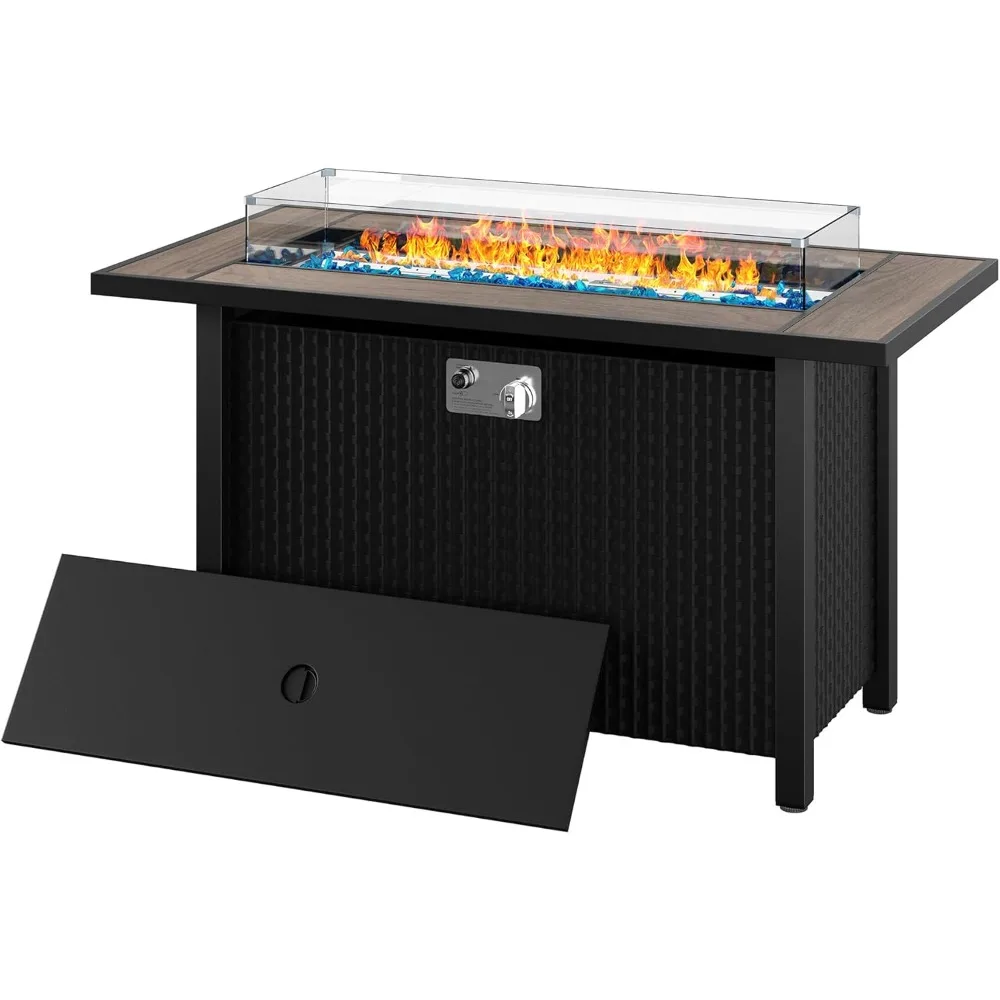 45 Inch Propane Fire Pit Table with Glass Window Protector, Outdoor 50,000 BTU Steel Gas Fire Pit with Lid, Brown Top