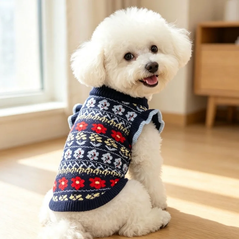 Winter Warm Dog Knit Vest Fashion Pet Dog Clothes Floral Print Puppy Sweater Cute Soft Cat Coat Pet Pullovers Chihuahua Sweater
