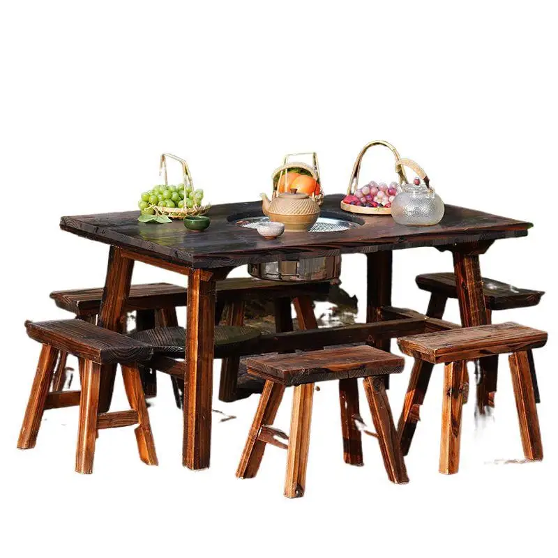 #Anticorrosive solid wood outdoor barbecue table and chairs leisure courtyard living room barbecue table villa yard fireplace te