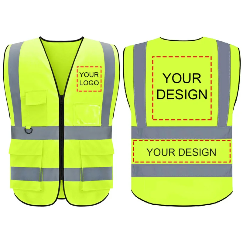 Reflective Safety Vest High Visibility Night Work Security sleeveless Yellow Vest Construction Workwear Zipper & Pockets Adults