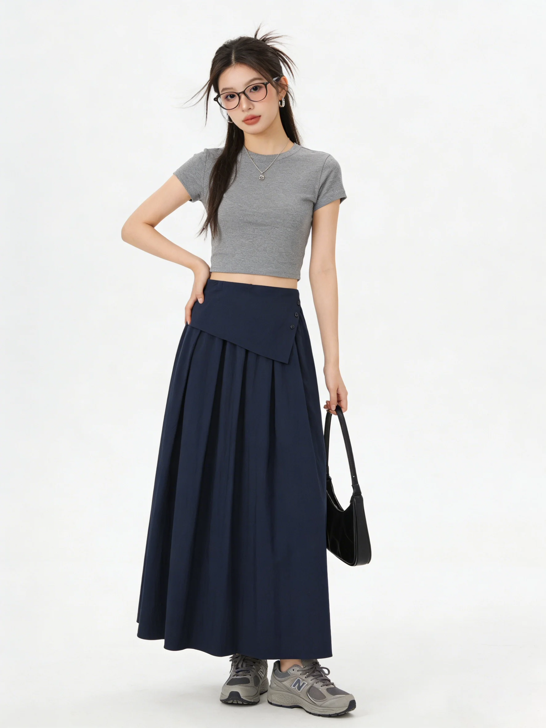 

High Waist Elastic Loose A-Line Skirt Korean Style Early Spring Large Swing Half Body Skirt Versatile Fake Two-Piece Pleated ...