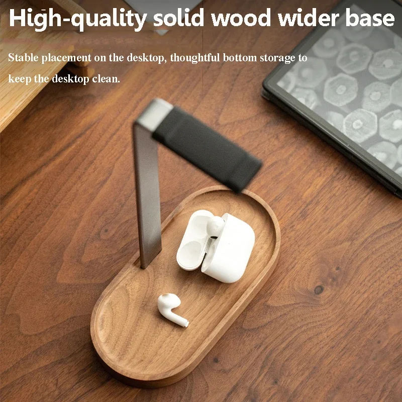 Black Walnut Solid Wood Headphone Stand Metal Alloy Headphones Display Earphone Desktop Storage E-sports Gaming Headset Hanger
