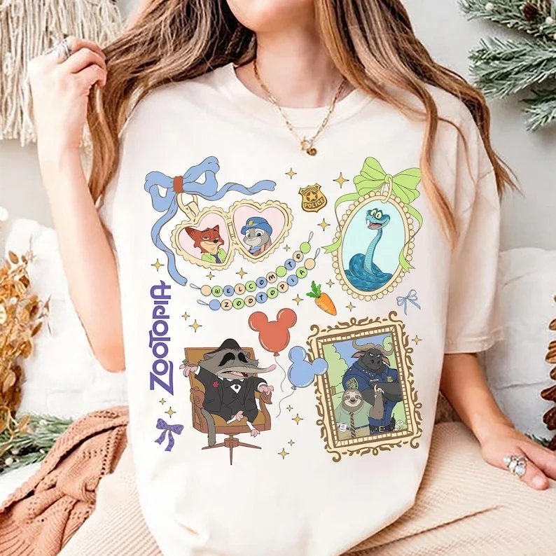 2026 Hot Disney Zootopia Judy and Nick Pattern Printed T-shirt New Oversized Men and Women Couple Casual Street Wear