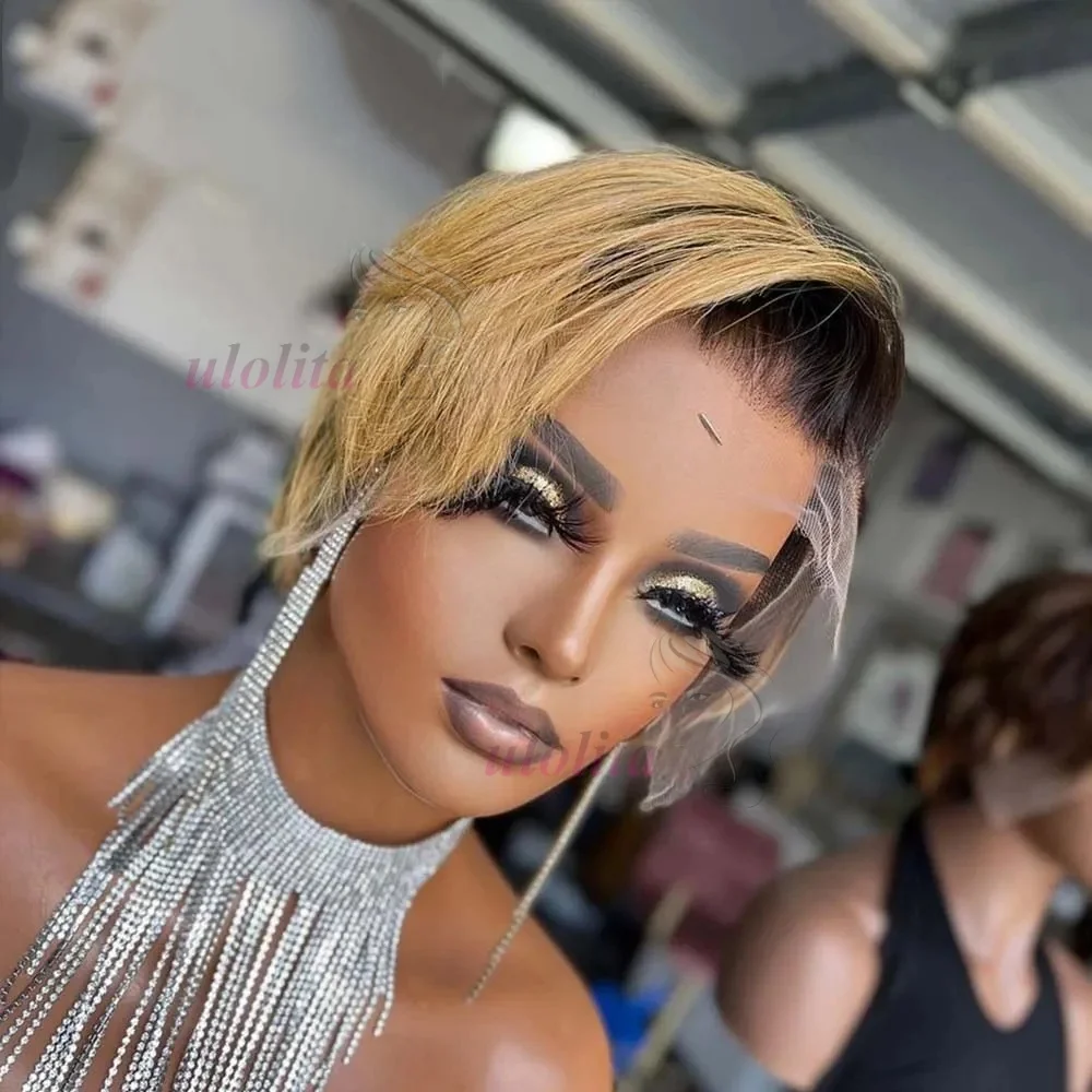 1B 30 Blonde Kurze Bob-Pixie-Cut-Perücke, glattes Echthaar, transparente Spitzenperücke für schwarze Frauen, gerade kurze Bob-Perücke, 150% Dichte – Detail 9