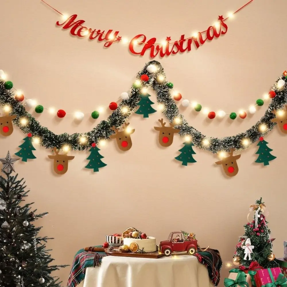 Festive Lights Felt Christmas Banner Decorated DIY Handmade Christmas Pendant Furry Balls LED String Light Christmas Party