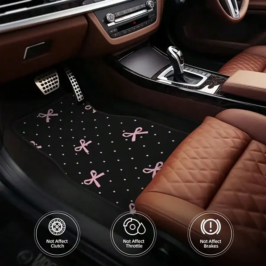 4 Pcs Set Pink Bow Front And Rear Car Mats, Suitable For All Seasons, Non-Slip, -Resistant, Easy To Clean, Car Interior Additions, Compatible With For All Vehicle Models, Valentine'S Day