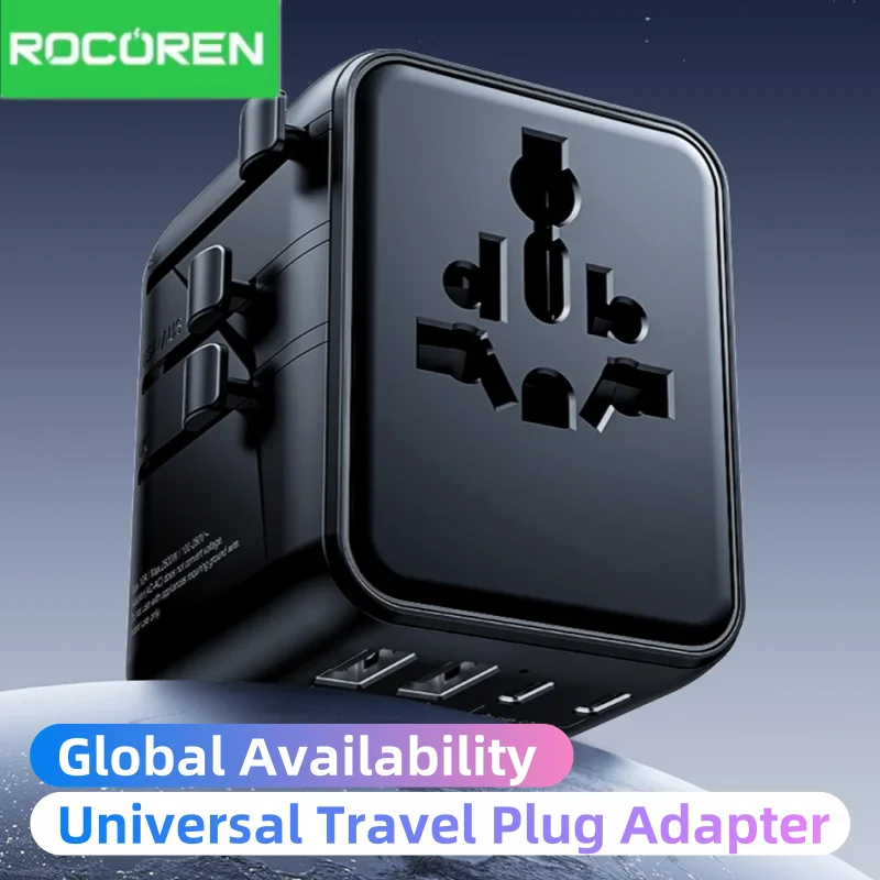 

Универсальный дорожный адаптер Rocoren с 2 USB 3 типа C GaN, быстрая зарядка, универсальное дорожное зарядное устройство для ЕС/Великобритании/США/Австралии с розеткой переменного тока 2500 Вт