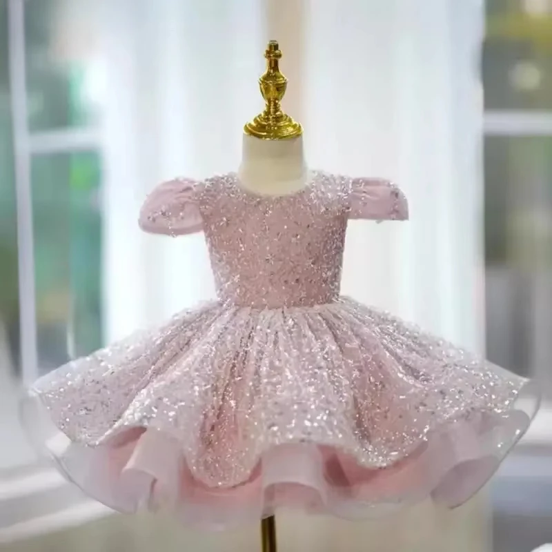 

2025Fashion Kids Performance Costume Solid Color Children's Ball Clothes Girl Princess Dresses Birthday Party Sequined