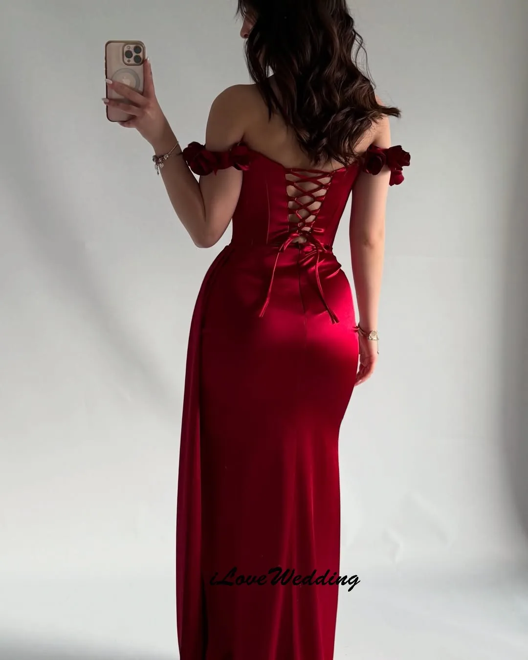 

Rose Red Off The Shoulder Prom Dresses 2025 Elegant Women Party Dress Satin Ribbons Mermaid Evening Dress Sweep Train Customized
