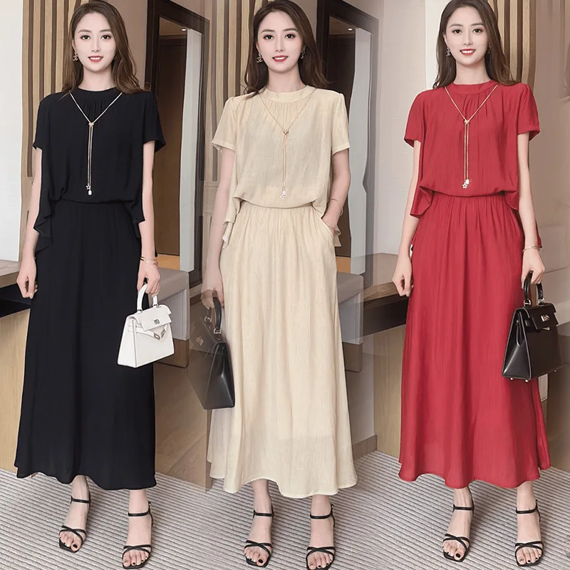 

Fashion Dress for Women2024Summer New Trendy Sense of Design Slimming Belly-Covering Short Sleeve Skirt Two-Piece Set