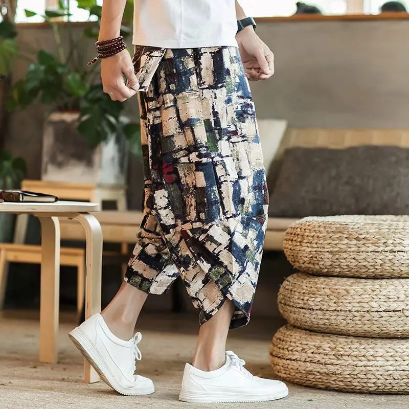Cenoura tamanho grande linho de sete pontos masculino verão solto estilo chinês bloomers calças harém masculinas