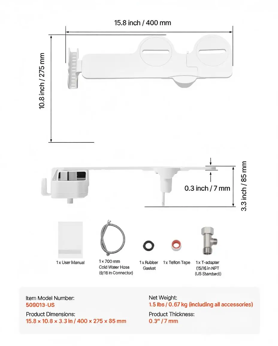 

Насадка-биде для унитаза, ультратонкая (0,3 дюйма), с двумя выдвижными форсунками, регулируемым давлением воды
