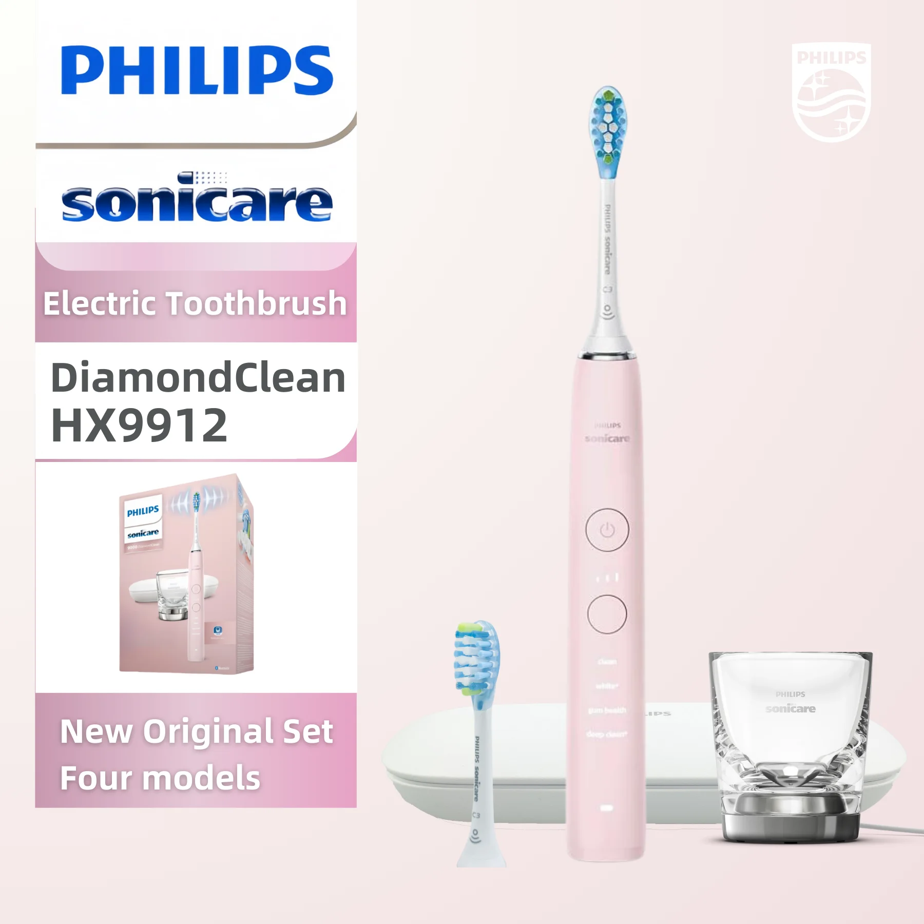 Philips Sonicare DiamondClean 9000 HX9912 Rechargeable Electric Power Toothbrush, Pink