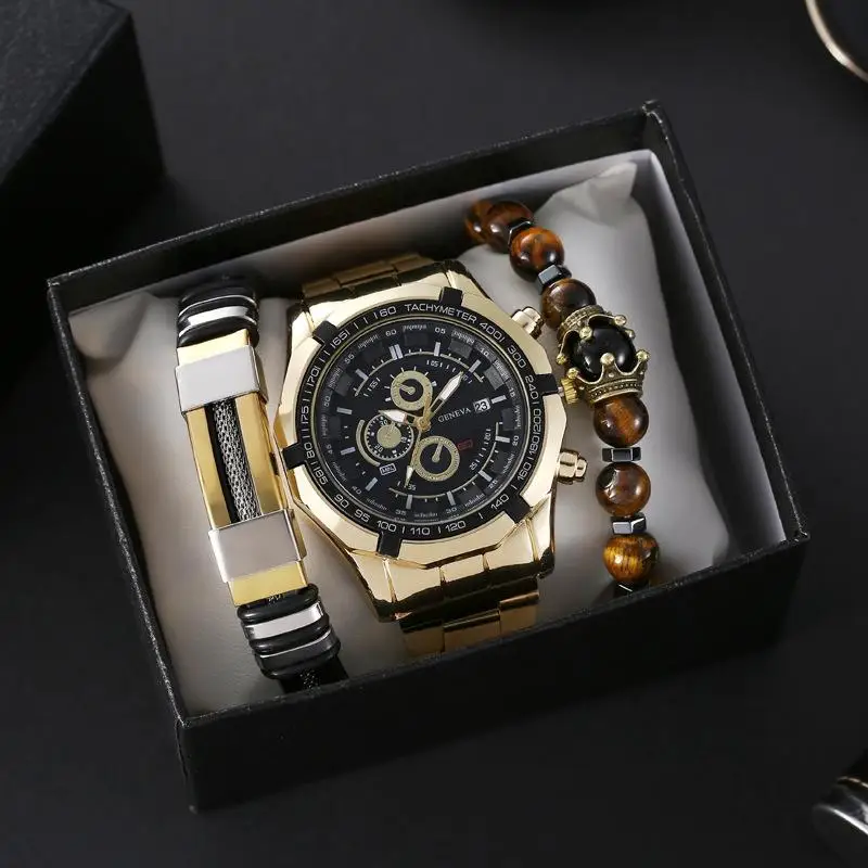 New live hot sale men\'s steel band set watch fashion three eyes calendar men\'s watch 3pcs quartz waterproof watch