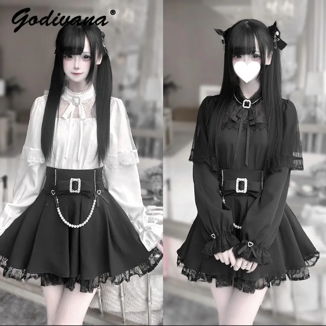 Japanese Mine Series Mass-produced Outfits New Spring Women's Sweet Lace Long-sleeved Pearl Blouse Shirt Black Short Skirt
