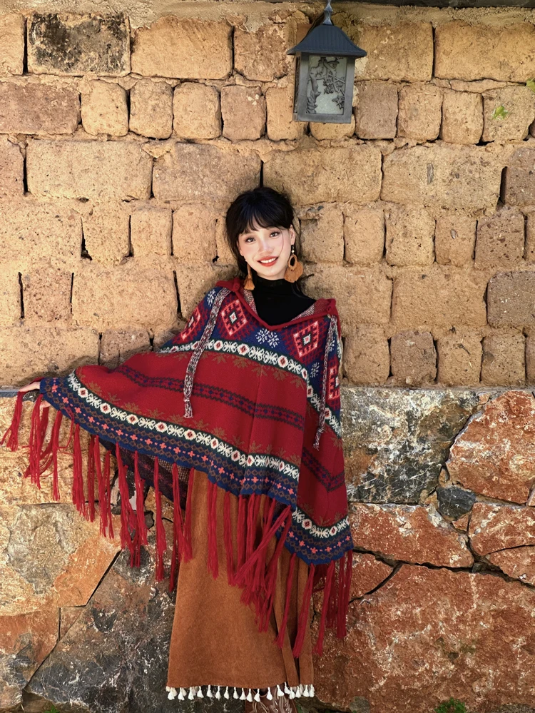 

Retro Red n Hooded Wrap Women's Fringed Thi Warm Holiday Travel oulder awl Sweater Coat Street Sle Spring Autumn