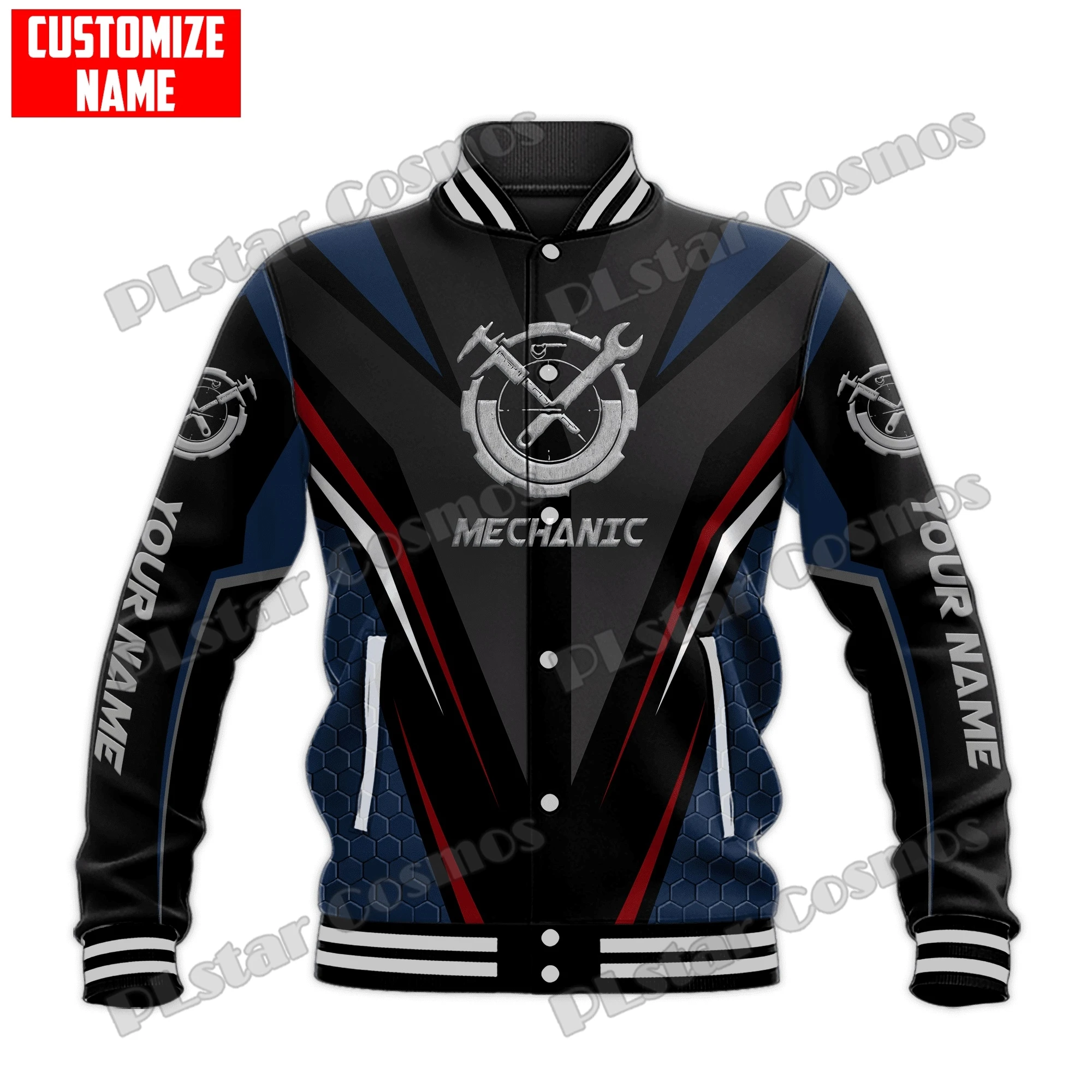 Personalized Name Mechanic Metal 3D Printed Fashion Mens Baseball Varsity Jacket Unisex Casual Winter Baseball Jacket BQF04