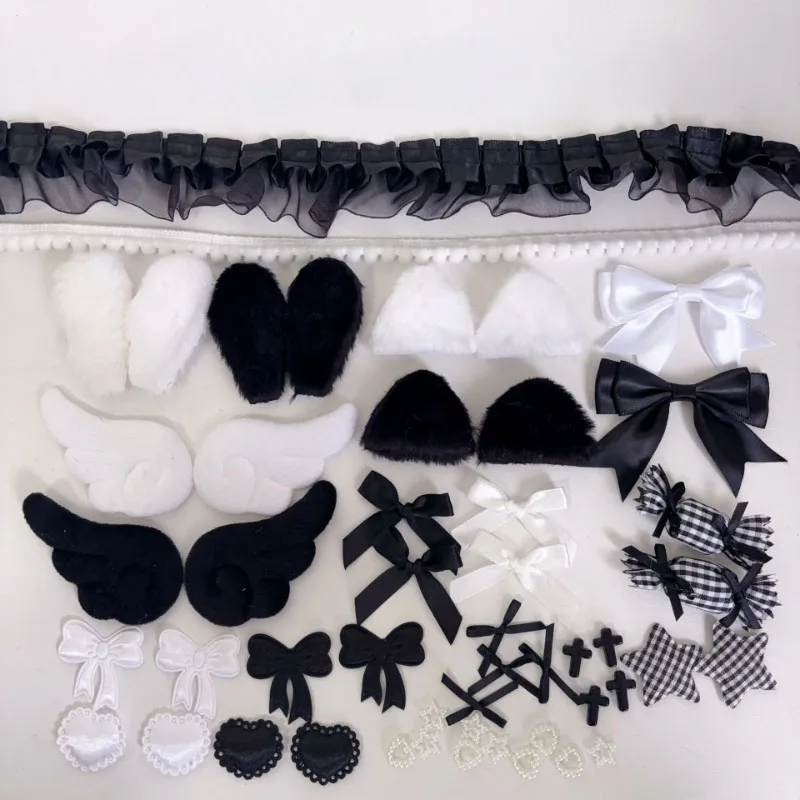 Lolita DIY Handmade Decor Kit, Lace Ribbon Bow Angel Wing Bunny Ear Charms, Anime Badge & Ita Bag Ornament Accessories