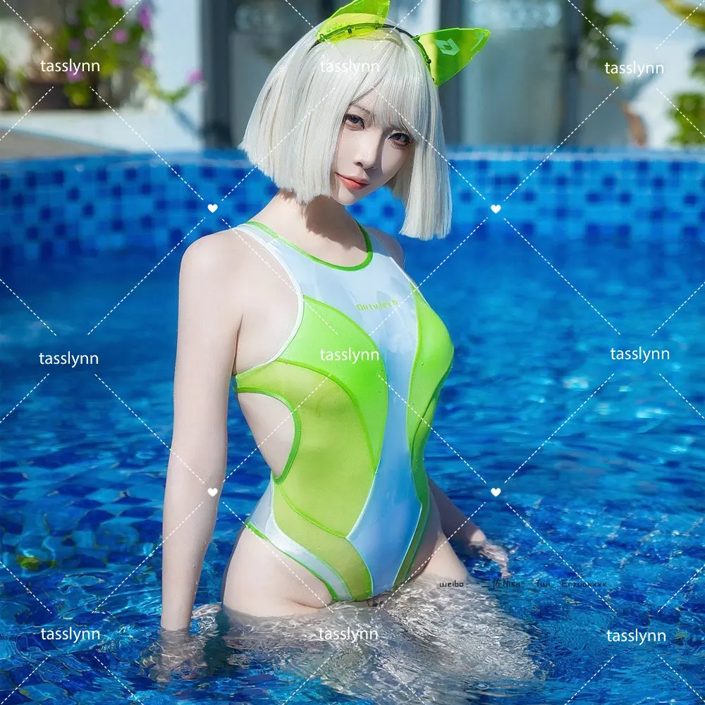 Dirty Tech Japanese Swimsuit Kuragehime Cosplay Costume Sexy Sukumizu for Women Cyberpunk Swimsuit Green White Bodysuit